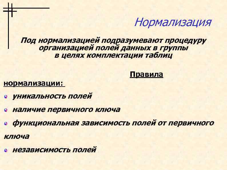 Нормализация Под нормализацией подразумевают процедуру организацией полей данных в группы в целях комплектации таблиц