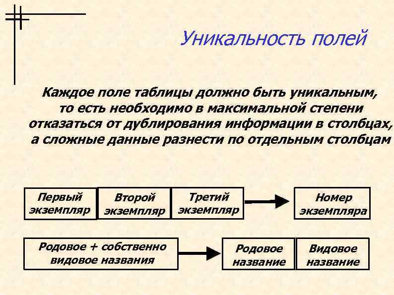 Уникальность полей Каждое поле таблицы должно быть уникальным, то есть необходимо в максимальной степени