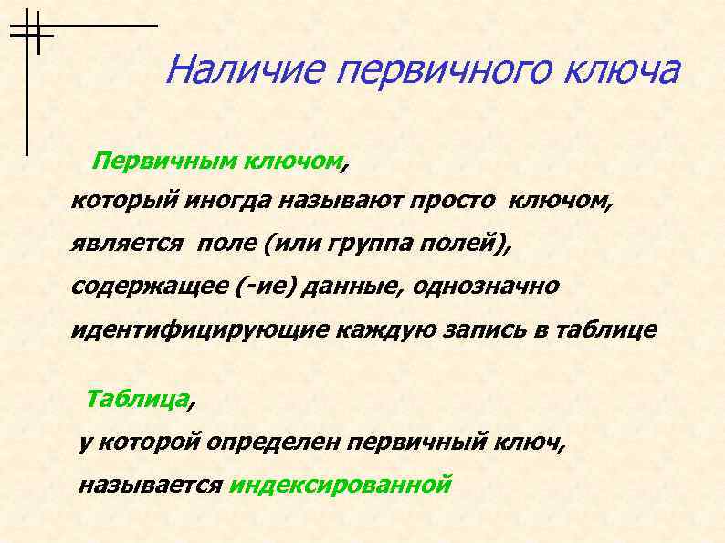 Наличие первичного ключа Первичным ключом, который иногда называют просто ключом, является поле (или группа