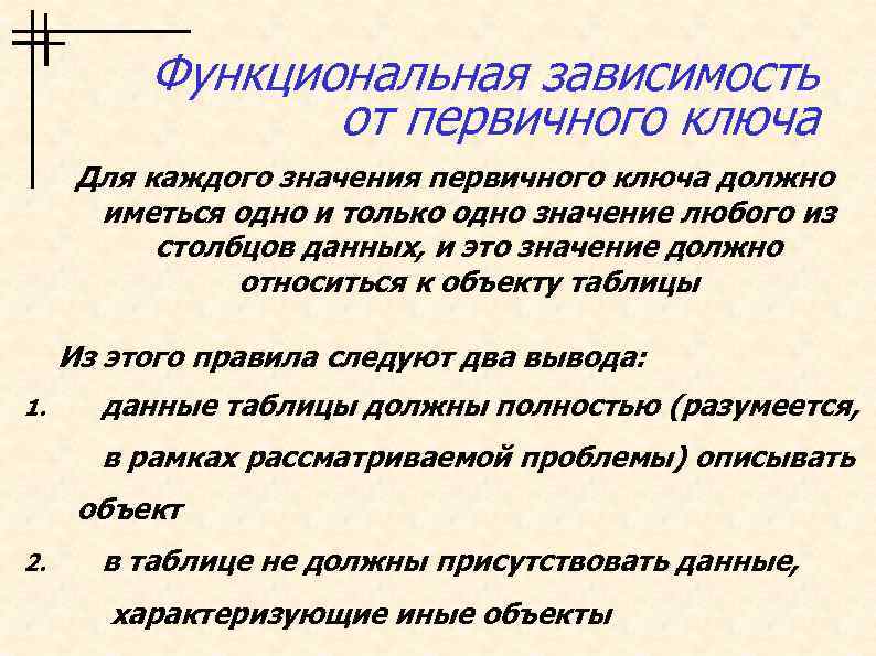 Функциональная зависимость от первичного ключа Для каждого значения первичного ключа должно иметься одно и