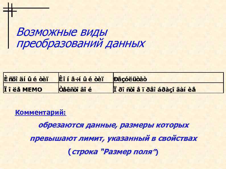 Возможные виды преобразований данных Комментарий: обрезаются данные, размеры которых превышают лимит, указанный в свойствах