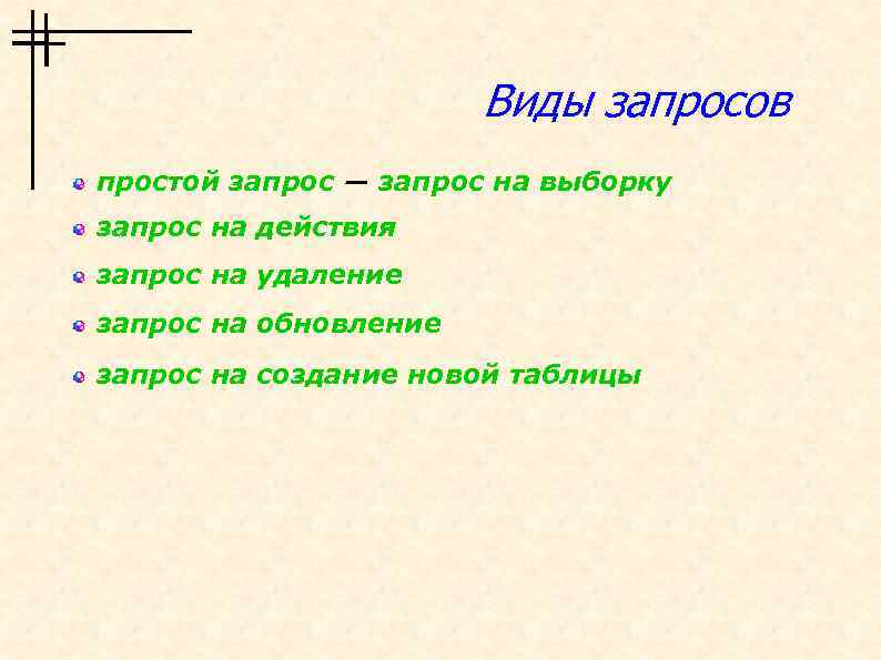 Виды запросов простой запрос ― запрос на выборку запрос на действия запрос на удаление