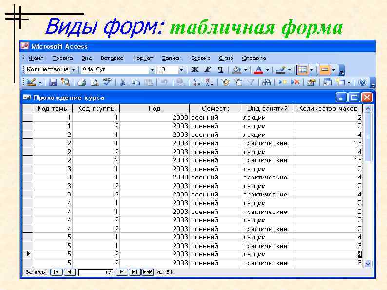 Виды форм: табличная форма 