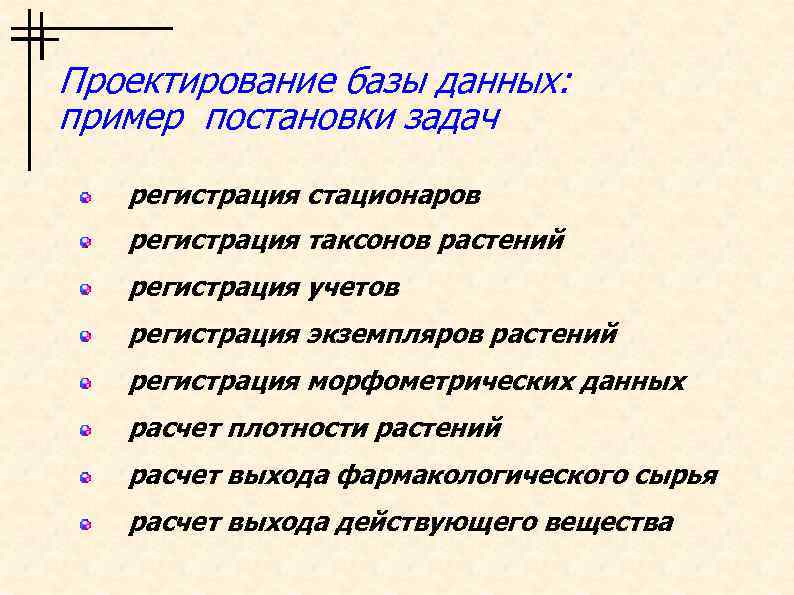 Проектирование базы данных: пример постановки задач регистрация стационаров регистрация таксонов растений регистрация учетов регистрация