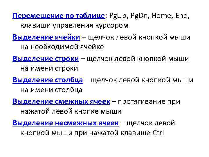 Перемещение по таблице: Pg. Up, Pg. Dn, Home, End, клавиши управления курсором Выделение ячейки