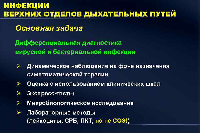 ИНФЕКЦИИ ВЕРХНИХ ОТДЕЛОВ ДЫХАТЕЛЬНЫХ ПУТЕЙ Основная задача Дифференциальная диагностика вирусной и бактериальной инфекции Ø