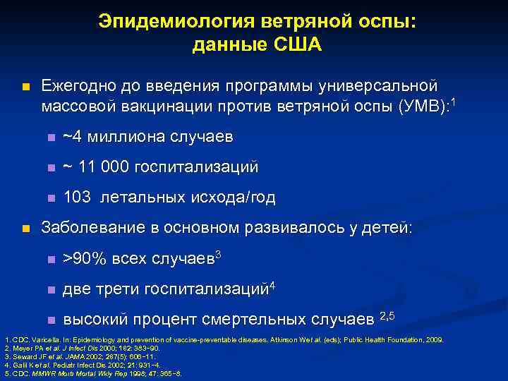 Эпидемиология ветряной оспы: данные США n Ежегодно до введения программы универсальной массовой вакцинации против
