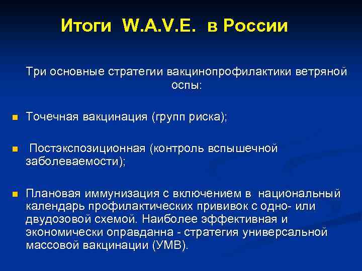 Итоги W. A. V. E. в России Три основные стратегии вакцинопрофилактики ветряной оспы: n