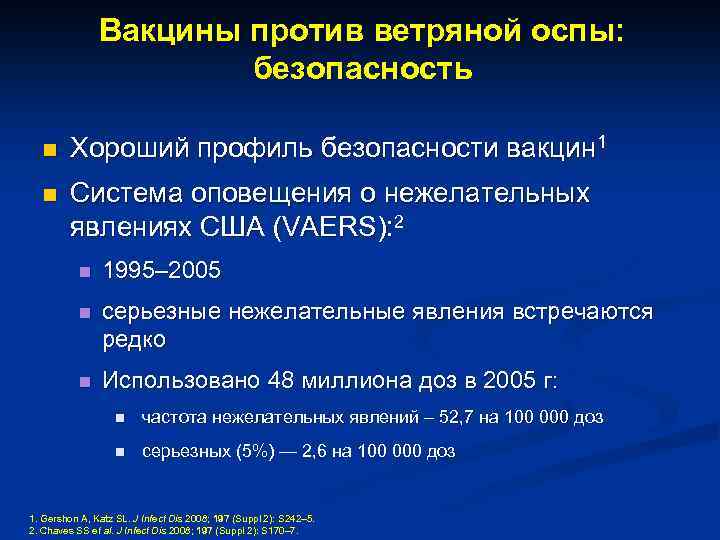 Вакцины против ветряной оспы: безопасность n Хороший профиль безопасности вакцин 1 n Система оповещения