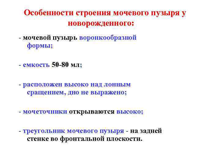 Особенности строения мочевого пузыря у новорожденного: - мочевой пузырь воронкообразной формы; - емкость 50