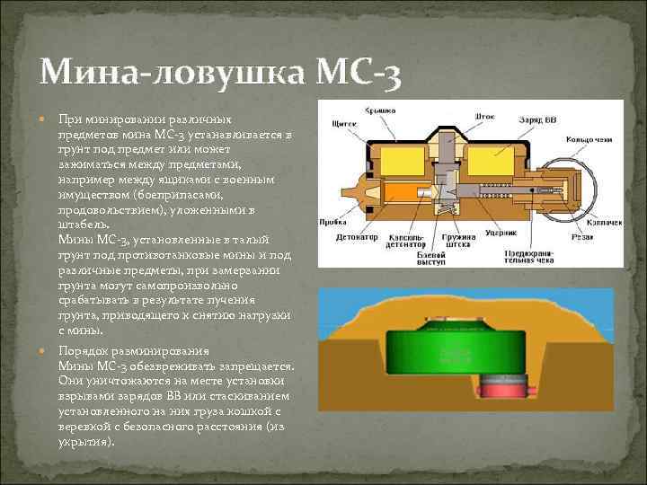 Мина-ловушка МС-3 При минировании различных предметов мина МС-3 устанавливается в грунт под предмет или