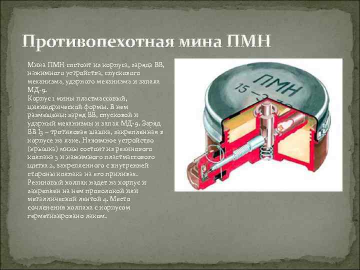 Противопехотная мина ПМН Мина ПМН состоит из корпуса, заряда ВВ, нажимного устройства, спускового механизма,