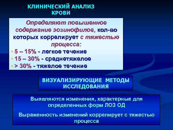 КЛИНИЧЕСКИЙ АНАЛИЗ КРОВИ Определяют повышенное содержание эозинофилов, кол-во эозинофилов, которых коррелирует с тяжестью процесса: