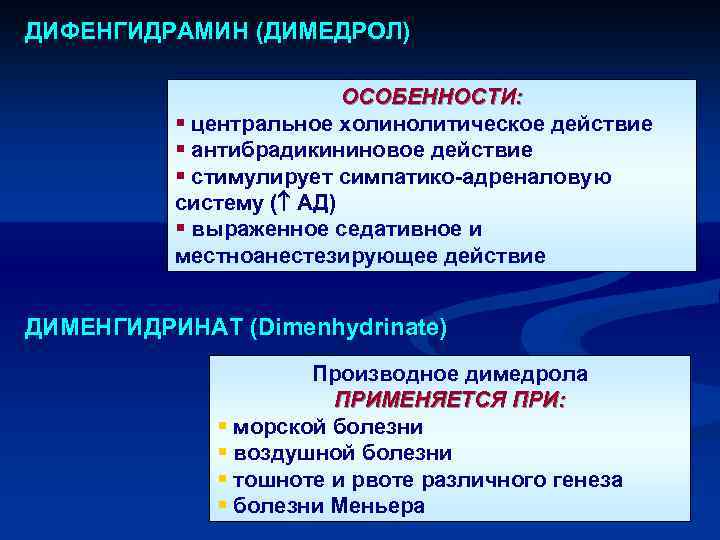 ДИФЕНГИДРАМИН (ДИМЕДРОЛ) ОСОБЕННОСТИ: § центральное холинолитическое действие § антибрадикининовое действие § стимулирует симпатико-адреналовую систему