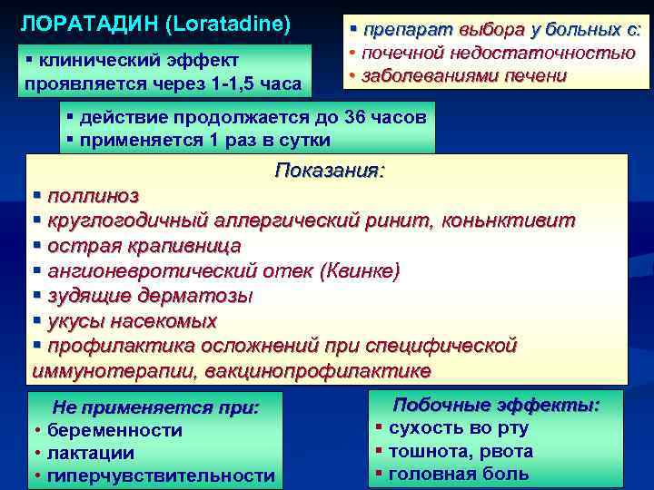 ЛОРАТАДИН (Loratadine) § клинический эффект проявляется через 1 -1, 5 часа § препарат выбора