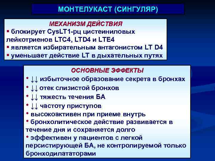 МОНТЕЛУКАСТ (СИНГУЛЯР) МЕХАНИЗМ ДЕЙСТВИЯ § блокирует Сys. LТ 1 -рц цистеиниловых лейкотриенов LTC 4,