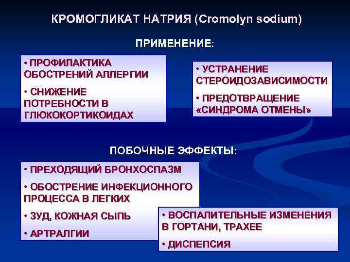 КРОМОГЛИКАТ НАТРИЯ (Cromolyn sodium) ПРИМЕНЕНИЕ: • ПРОФИЛАКТИКА • УСТРАНЕНИЕ СТЕРОИДОЗАВИСИМОСТИ ОБОСТРЕНИЙ АЛЛЕРГИИ • СНИЖЕНИЕ