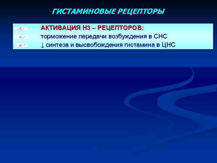 ГИСТАМИНОВЫЕ РЕЦЕПТОРЫ АКТИВАЦИЯ H 3 – РЕЦЕПТОРОВ: торможение передачи возбуждения в СНС ↓ синтеза