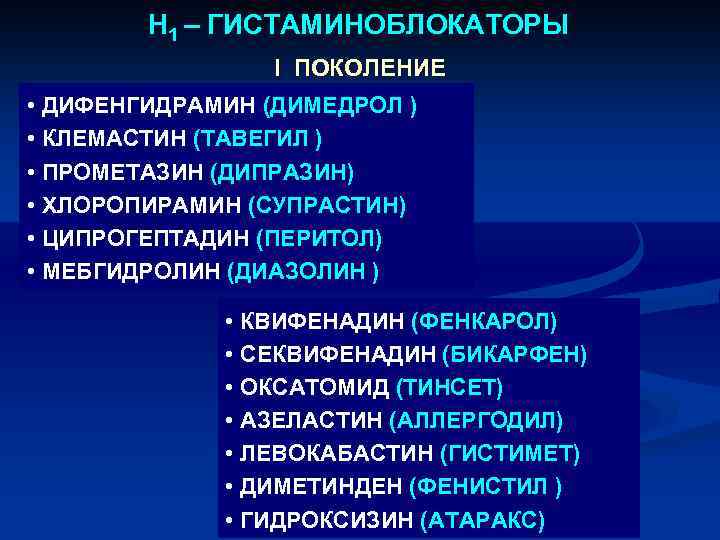 Н 1 – ГИСТАМИНОБЛОКАТОРЫ I ПОКОЛЕНИЕ • ДИФЕНГИДРАМИН (ДИМЕДРОЛ ) • КЛЕМАСТИН (ТАВЕГИЛ )