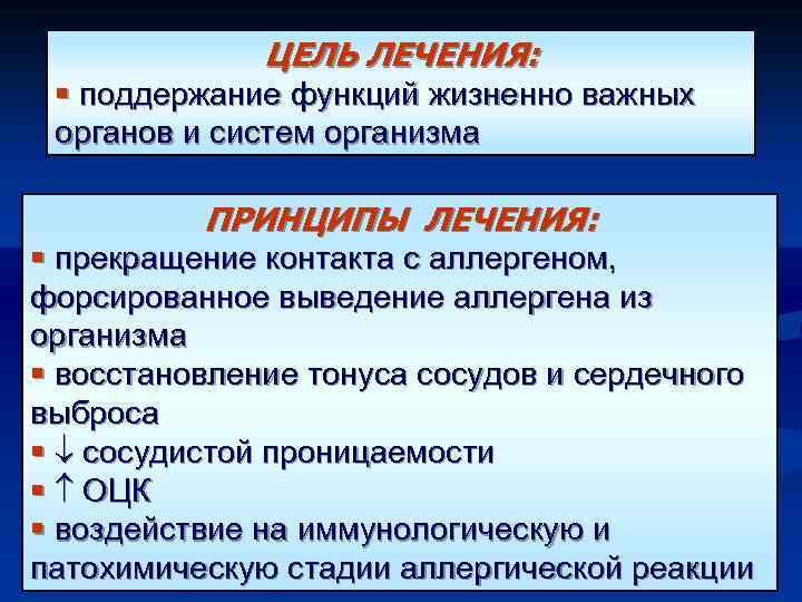 ЦЕЛЬ ЛЕЧЕНИЯ: § поддержание функций жизненно важных органов и систем организма ПРИНЦИПЫ ЛЕЧЕНИЯ: §