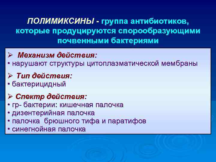 ПОЛИМИКСИНЫ - группа антибиотиков, которые продуцируются спорообразующими почвенными бактериями Ø Механизм действия: • нарушают