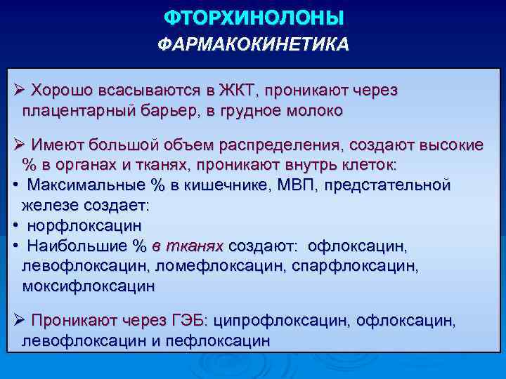 ФТОРХИНОЛОНЫ ФАРМАКОКИНЕТИКА Ø Хорошо всасываются в ЖКТ, проникают через плацентарный барьер, в грудное молоко