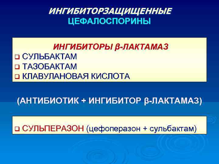 ИНГИБИТОРЗАЩИЩЕННЫЕ ЦЕФАЛОСПОРИНЫ ИНГИБИТОРЫ β-ЛАКТАМАЗ СУЛЬБАКТАМ q ТАЗОБАКТАМ q КЛАВУЛАНОВАЯ КИСЛОТА q (АНТИБИОТИК + ИНГИБИТОР