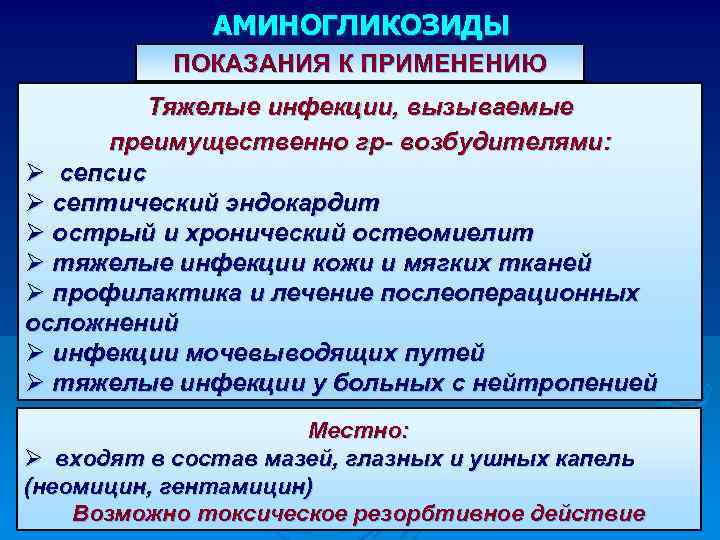 АМИНОГЛИКОЗИДЫ ПОКАЗАНИЯ К ПРИМЕНЕНИЮ Тяжелые инфекции, вызываемые преимущественно гр- возбудителями: Ø сепсис Ø септический