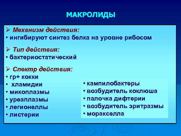 МАКРОЛИДЫ Ø Механизм действия: • ингибируют синтез белка на уровне рибосом Ø Тип действия: