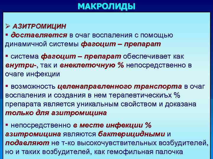 МАКРОЛИДЫ Ø АЗИТРОМИЦИН § доставляется в очаг воспаления с помощью динамичной системы фагоцит –