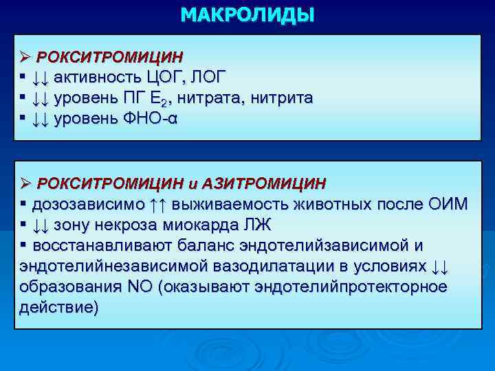 МАКРОЛИДЫ Ø РОКСИТРОМИЦИН § ↓↓ активность ЦОГ, ЛОГ § ↓↓ уровень ПГ Е 2,