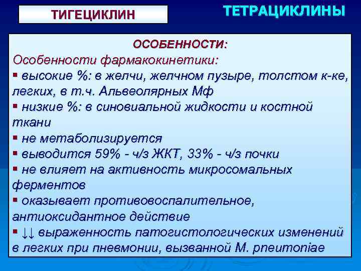 ТИГЕЦИКЛИН ТЕТРАЦИКЛИНЫ ОСОБЕННОСТИ: Особенности фармакокинетики: § высокие %: в желчи, желчном пузыре, толстом к-ке,