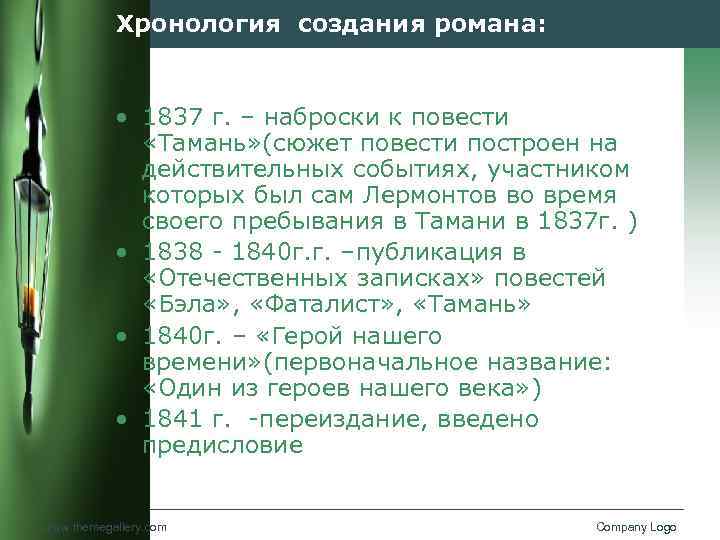 Хронология создания романа: • 1837 г. – наброски к повести «Тамань» (сюжет повести построен