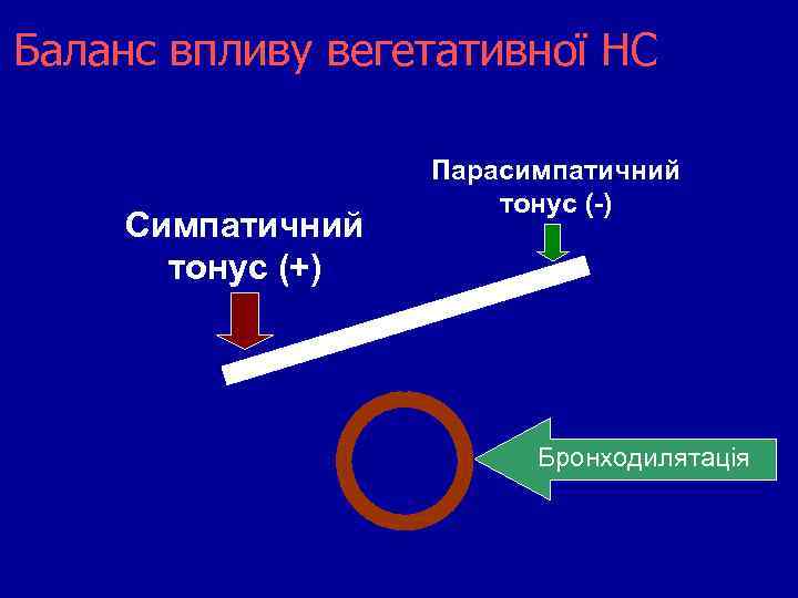 Баланс впливу вегетативної НС Симпатичний тонус (+) Парасимпатичний тонус (-) Бронходилятація 