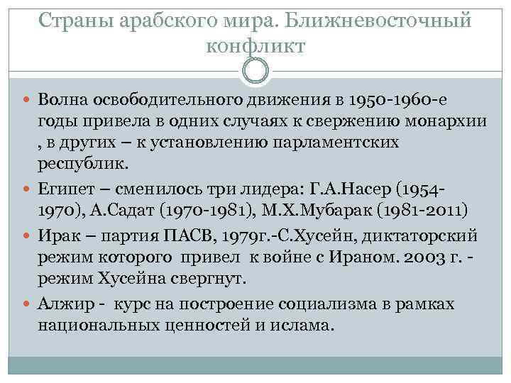 Страны арабского мира. Ближневосточный конфликт Волна освободительного движения в 1950 -1960 -е годы привела