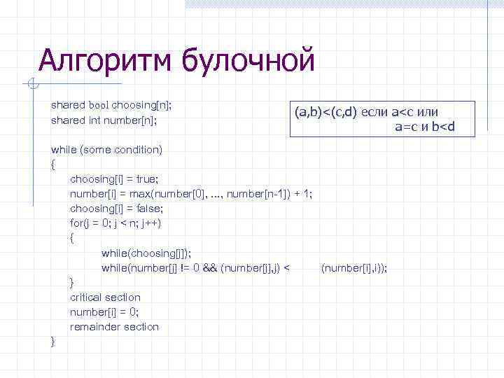 Алгоритм булочной shared bool choosing[n]; shared int number[n]; (a, b)<(c, d) если a<c или