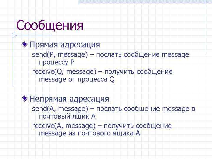 Сообщения Прямая адресация send(P, message) – послать сообщение message процессу P receive(Q, message) –