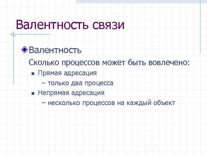 Валентность связи Валентность Сколько процессов может быть вовлечено: n n Прямая адресация – только