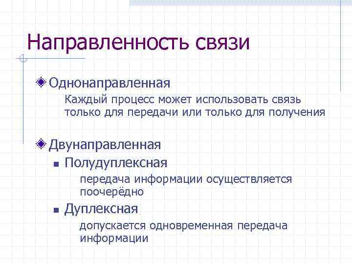 Направленность связи Однонаправленная Каждый процесс может использовать связь только для передачи или только для