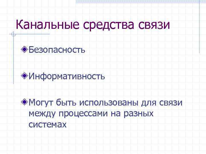 Канальные средства связи Безопасность Информативность Могут быть использованы для связи между процессами на разных