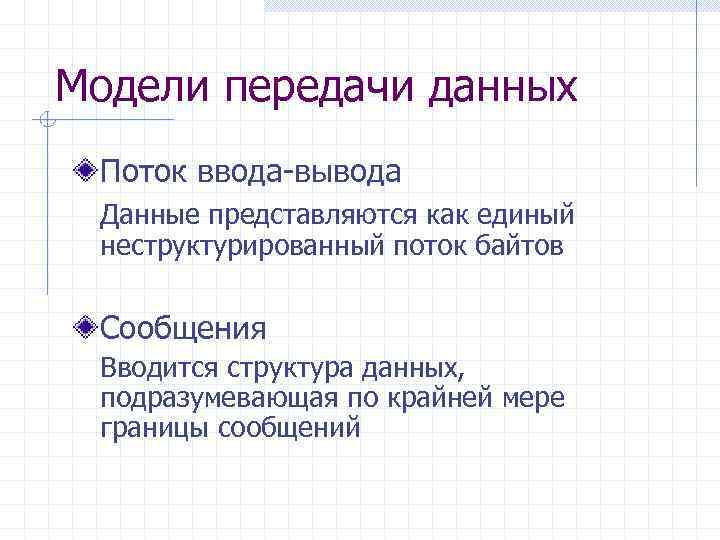 Модели передачи данных Поток ввода-вывода Данные представляются как единый неструктурированный поток байтов Сообщения Вводится