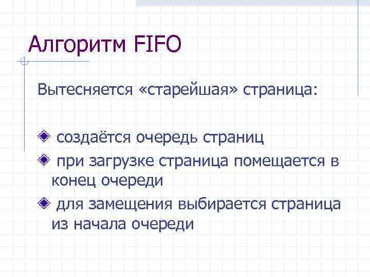 Алгоритм FIFO Вытесняется «старейшая» страница: создаётся очередь страниц при загрузке страница помещается в конец