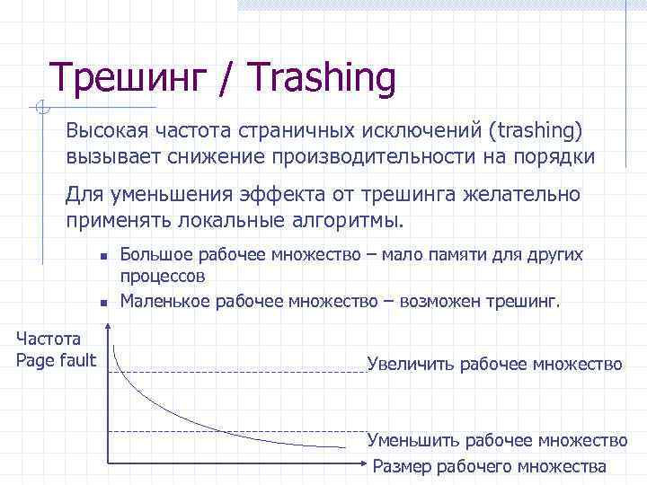 Трешинг / Trashing Высокая частота страничных исключений (trashing) вызывает снижение производительности на порядки Для