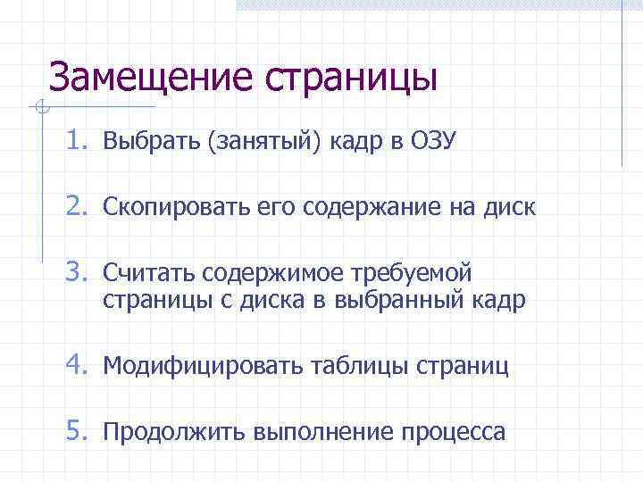 Замещение страницы 1. Выбрать (занятый) кадр в ОЗУ 2. Скопировать его содержание на диск