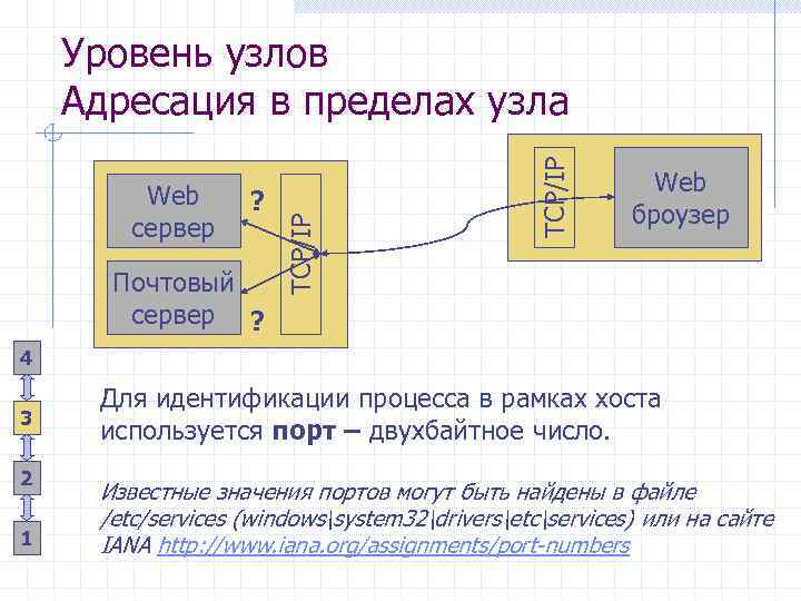 ? Почтовый сервер ? TCP/IP Web сервер TCP/IP Уровень узлов Адресация в пределах узла