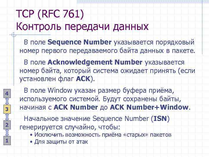 TCP (RFC 761) Контроль передачи данных В поле Sequence Number указывается порядковый номер первого
