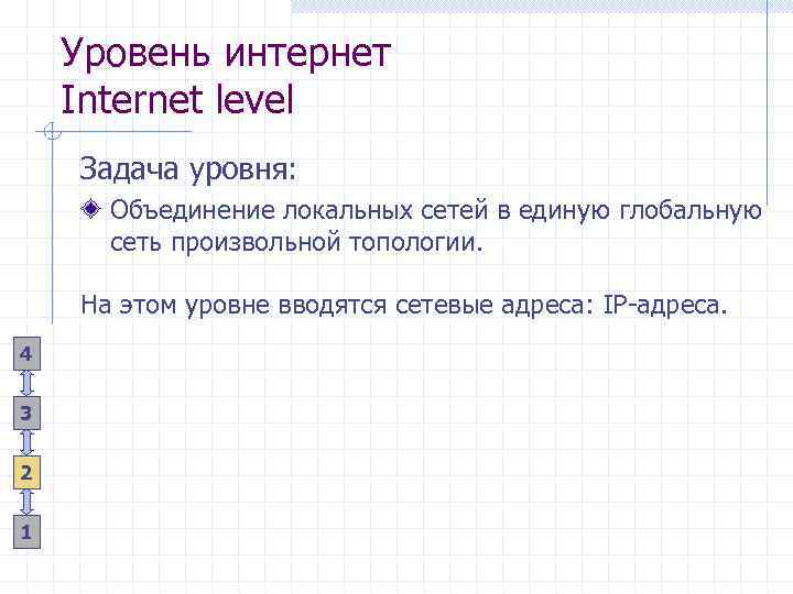 Уровень интернет Internet level Задача уровня: Объединение локальных сетей в единую глобальную сеть произвольной