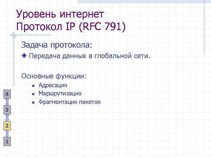 Уровень интернет Протокол IP (RFC 791) Задача протокола: Передача данных в глобальной сети. Основные