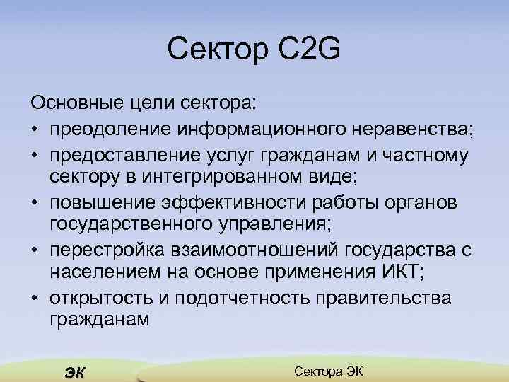 Сектор C 2 G Основные цели сектора: • преодоление информационного неравенства; • предоставление услуг