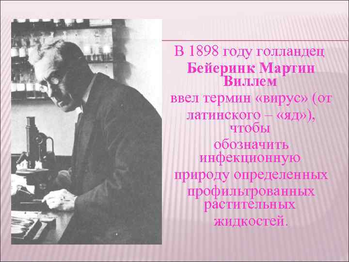 В 1898 году голландец Бейеринк Мартин Виллем ввел термин «вирус» (от латинского – «яд»